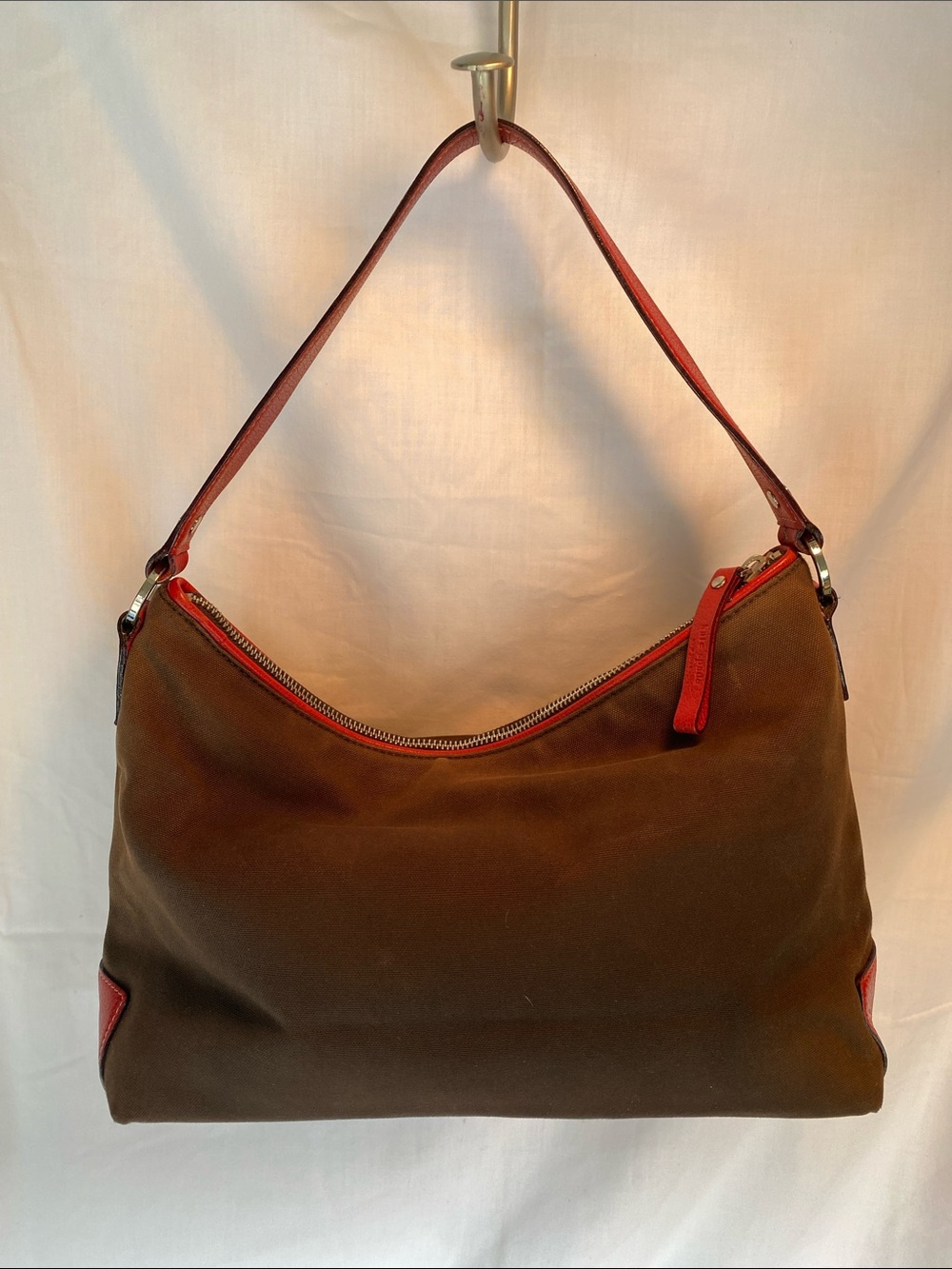 Kate Spade Brown Canvas Shoulder Bag with Red Trim